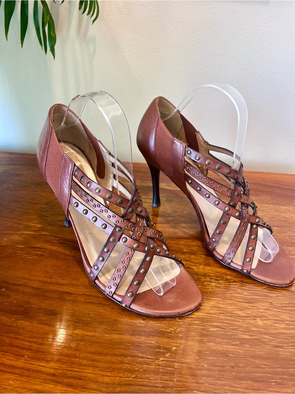 Stuart Weitzman Women's Brown Strappy Studded High-Heel Sandals